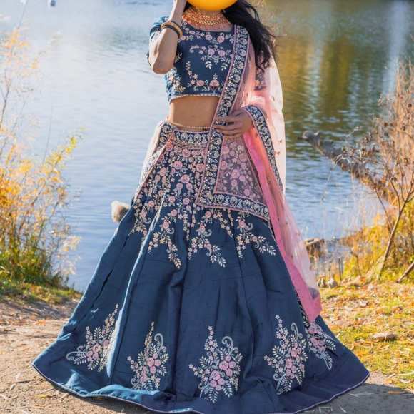 Blue raw silk Designer lengha with pink net duppata. Full flare. - Picture 3 of 6